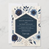 Navy Blooming Botanical Wedding Kaart (Voorkant)