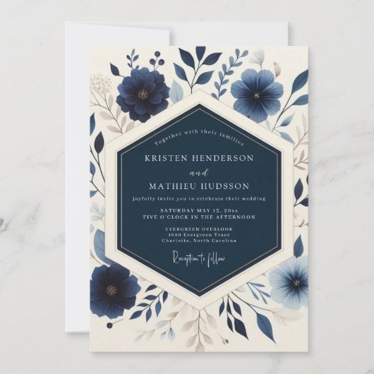 Navy Blooming Botanical Wedding Kaart (Voorkant)