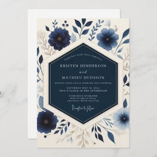 Navy Blooming Botanical Wedding Kaart (Voorkant / Achterkant)