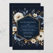Navy Blooming Enchantment Wedding Kaart (Voorkant / Achterkant)