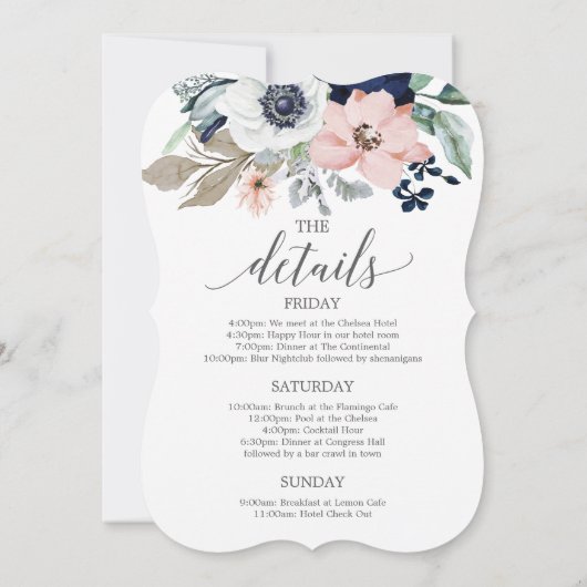 Navy Blooms Bachelorette Weekendprogramma Kaart (Achterkant)