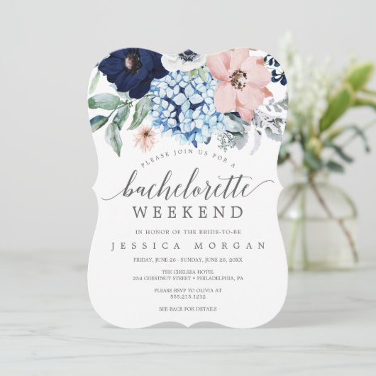 Navy Blooms Bachelorette Weekendprogramma Kaart (Staand voorkant)