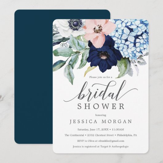 Navy Blooms Bridal Shower Invitation Kaart (Voorkant / Achterkant)