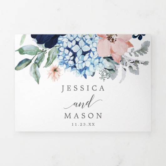 Navy Blooms bruiloft drievoudige uitnodigingen RSV (Cover)