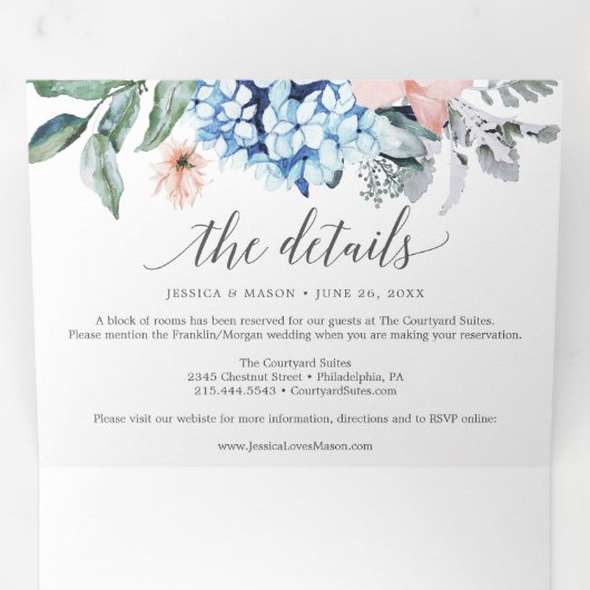 Navy Blooms bruiloft drievoudige uitnodigingen RSV (Binnenzijde eerst)