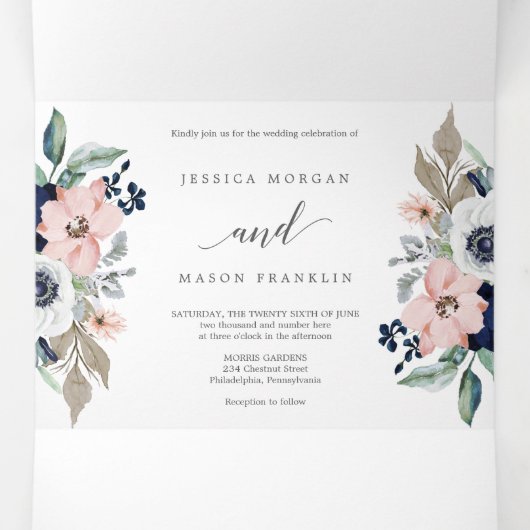 Navy Blooms bruiloft drievoudige uitnodigingen RSV (Binnenkant midden)