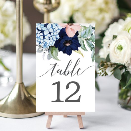 Navy Blooms Table Kaarten Wedstrijkgetallen