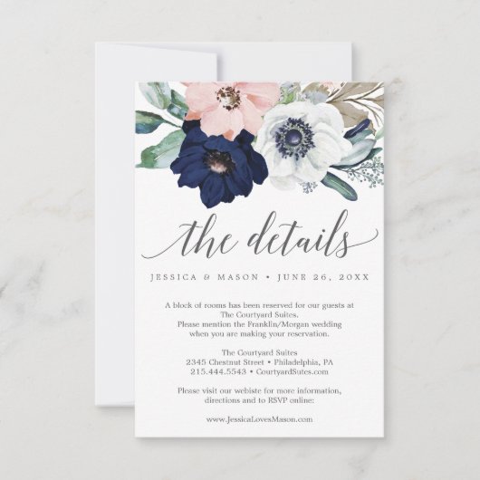 Navy Blooms Wedding Details Kaart (Voorkant)
