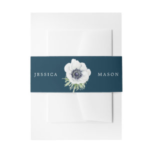 Navy Blooms Wedding Invitation Belly Bands Anemone Uitnodigingen Wikkel