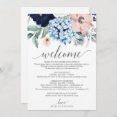 Navy Blooms Wedding Welkomstroutebrief Programmakaart (Voorkant / Achterkant)