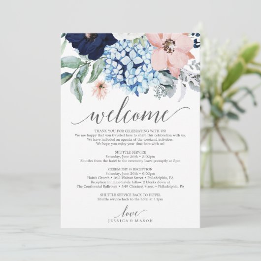 Navy Blooms Wedding Welkomstroutebrief Programmakaart (Staand voorkant)