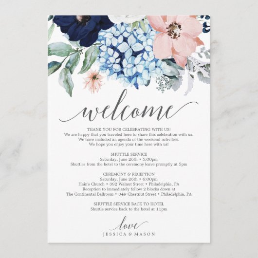Navy Blooms Wedding Welkomstroutebrief Programmakaart (Voorkant)