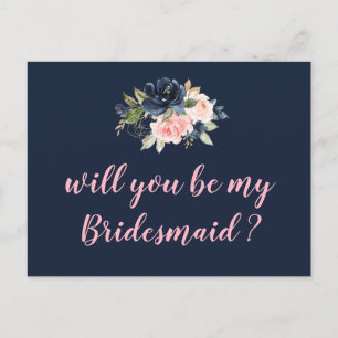 Navy Blossom Pink word je mijn bruidsmeisje kaart