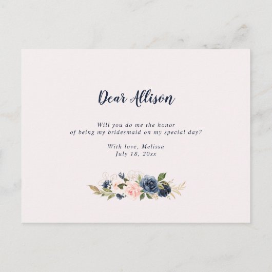 Navy Blossom Pink word je mijn bruidsmeisje kaart (Achterkant)