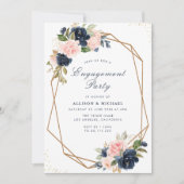 Navy & blozend geometrisch verlovingsfeest kaart (Voorkant)