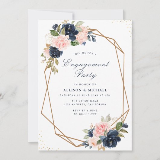 Navy & blozend geometrisch verlovingsfeest kaart (Voorkant)