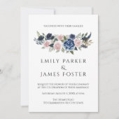 Navy Blu & Blush Floral Elegant Wedding Invitation Kaart (Voorkant)