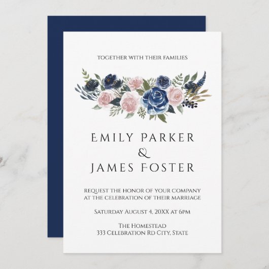 Navy Blu & Blush Floral Elegant Wedding Invitation Kaart (Voorkant / Achterkant)