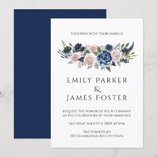 Navy Blu & Blush Floral Elegant Wedding Invitation Kaart
