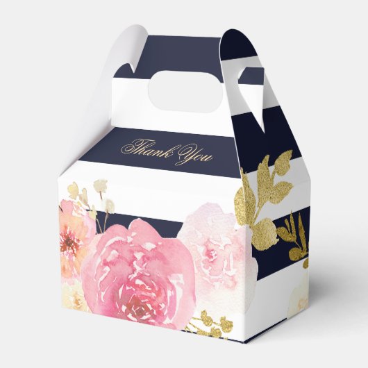 Navy Blu Blush Roze Gouden Waterverf Bloemen Huwel Bedankdoosjes (Voorkant Zijde)