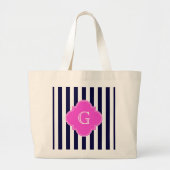 Navy Blu White Stripe Hot Pink Quatrefoil Monogram Grote Tote Bag (Voorkant)