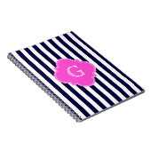 Navy Blu White Stripe Hot Pink Quatrefoil Monogram Notitieboek (Rechterzijde)