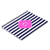Navy Blu White Stripe Hot Pink Quatrefoil Monogram Notitieboek (Linkerzijde)