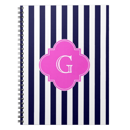 Navy Blu White Stripe Hot Pink Quatrefoil Monogram Notitieboek (Voorkant)