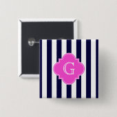 Navy Blu White Stripe Hot Pink Quatrefoil Monogram Vierkante Button 5,1 Cm (Voorkant /achterkant)
