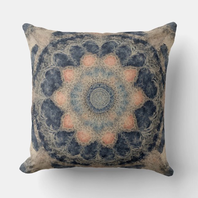 Navy Blue 0range Beige Mandala Print Kussen (Voorkant)
