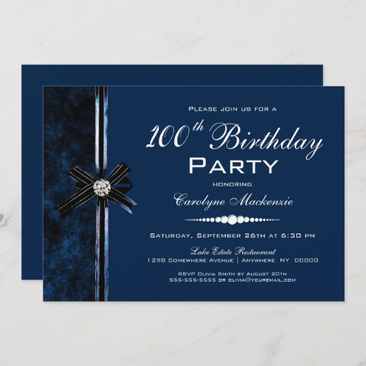 Navy Blue 100th Birthday Party Kaart (Voorkant / Achterkant)