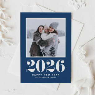 Navy Blue 2025 Bold Typografie Nieuwjaarsfoto Feestdagenkaart