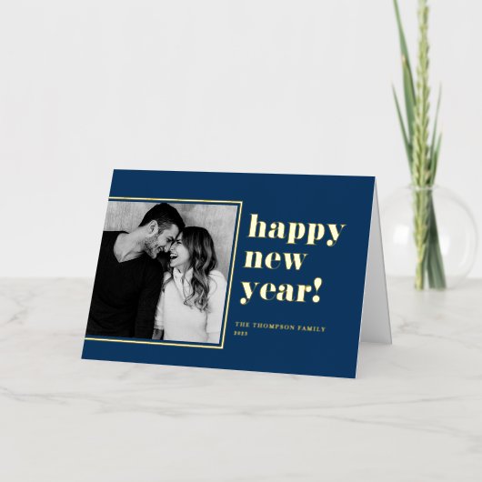 Navy Blue 2025 Bold Typografie Nieuwjaarsfoto Folie Feestdagenkaart (Voorkant)