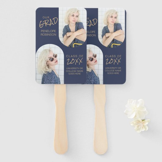 Navy Blue 2 Arched Photo Afstuderen Handwaaier (Voorkant en achterkant)