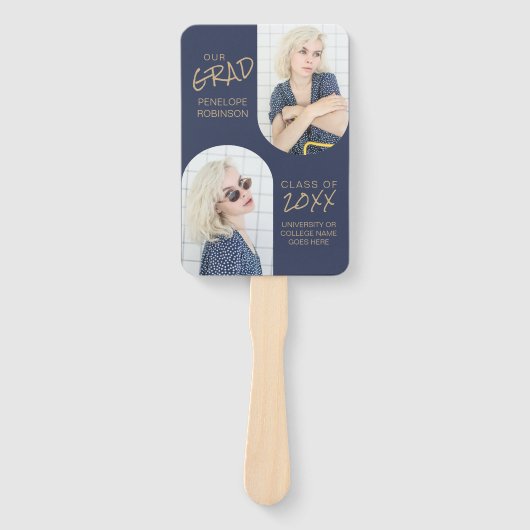 Navy Blue 2 Arched Photo Afstuderen Handwaaier (Voorkant)