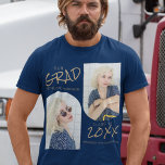 Navy Blue 2 Arched Photo Afstuderen T-shirt<br><div class="desc">Eenvoudig,  modern afstuderen shirt,  voorzien van twee gepantserde foto's,  op een blauw marineslein,  met een gouden sjabloon die luidt: "ONZE AFSTUDEERDER,  HUN NAAM,  KLASSE VAN EN HUN SCHOOL,  UNIVERSITEIT OF COLLEGE". De doopvontstijlen en achtergrondkleur kunnen worden veranderd door op de pas verdere verbinding na het personaliseren te klikken.</div>