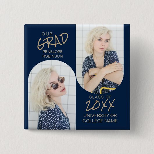 Navy Blue 2 Arched Photo Afstuderen Vierkante Button 5,1 Cm (Voorkant)