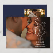 Navy Blue 2 Foto Elegant Script Wedding Save The Date (Voorkant / Achterkant)