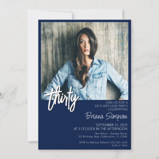 Navy Blue 30e verjaardag foto uitnodiging (Voorkant)