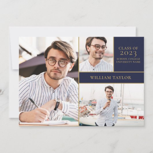 Navy Blue 3 Foto Gold Graduparty uitnodiging (Voorkant)