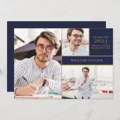 Navy Blue 3 Foto Gold Graduparty uitnodiging (Voorkant / Achterkant)