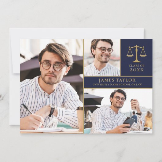 Navy Blue 3 Foto Law School Graduparty Kaart (Voorkant)
