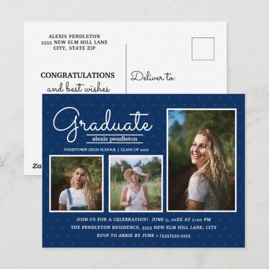 Navy Blue 3-Photo Graduation Party Briefkaart (Voorkant / Achterkant)