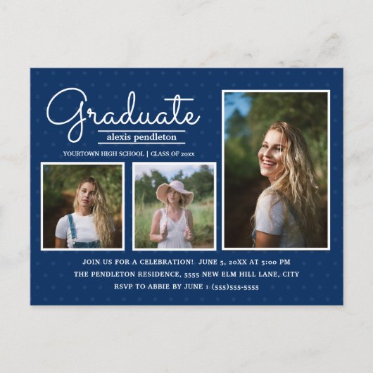 Navy Blue 3-Photo Graduation Party Briefkaart (Voorkant)