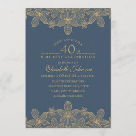 Navy Blue 40th Birthday Party Unique Golden Lace Kaart