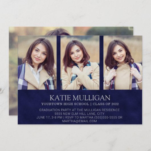 Navy Blue 4 Photo Afstuderen Kaart (Voorkant / Achterkant)