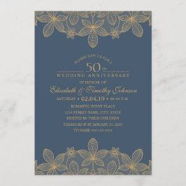 Navy Blue 50ste huwelijksjubileum Gouden Kant Kaart