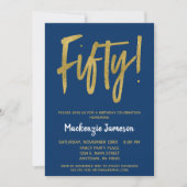 Navy Blue 50th Birthday Party Invitation Gold Kaart (Voorkant)