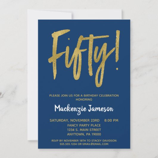 Navy Blue 50th Birthday Party Invitation Gold Kaart (Voorkant)