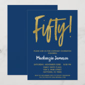 Navy Blue 50th Birthday Party Invitation Gold Kaart (Voorkant / Achterkant)